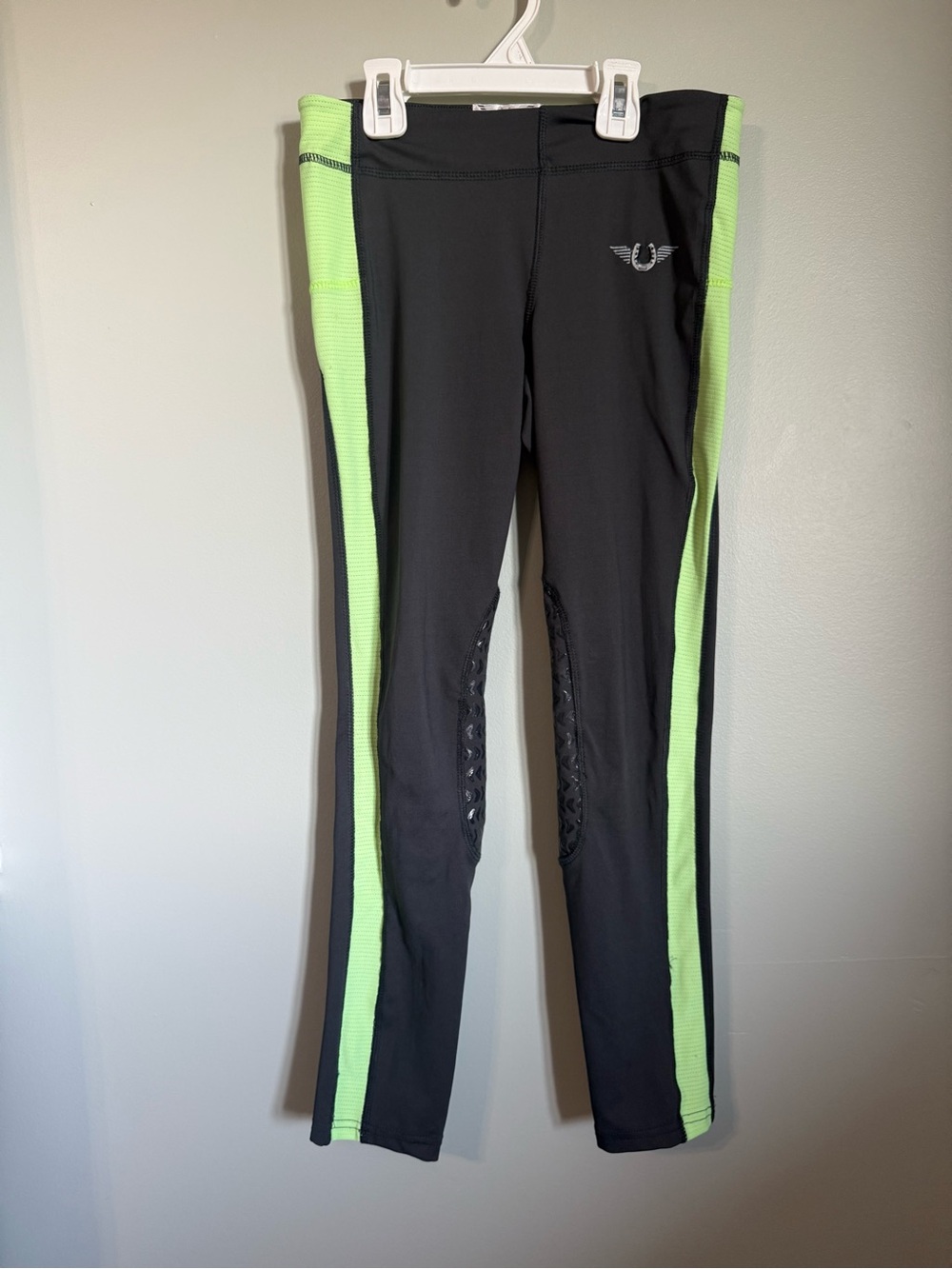 TuffRider Ventilated Riding Tights Black Neon Green Silicone Knee Grips L